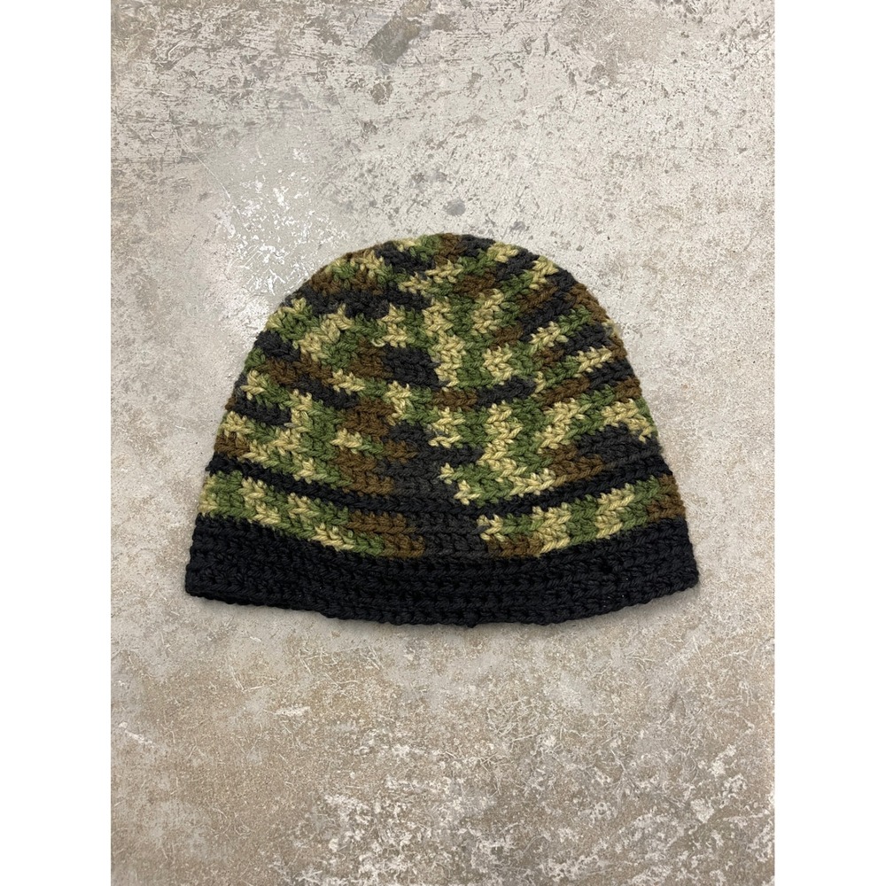 Handmade Crochet Camouflage Beanie Green Black Knit Skull Cap Hat
